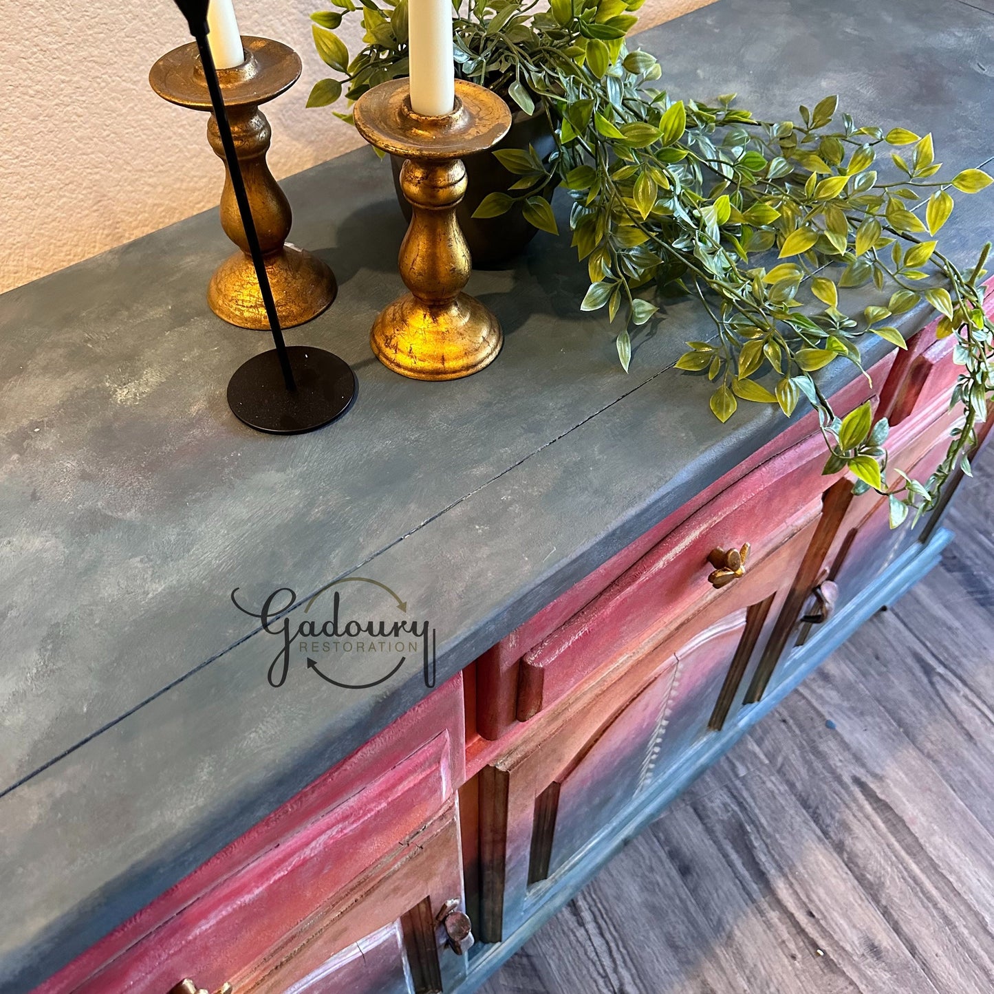 SOLD SOLD SOLD Vintage Boho Wood Blue Red Rainbow Dresser Buffet Tv Stand Entry Credenza Cabinet- Do Not Purchase