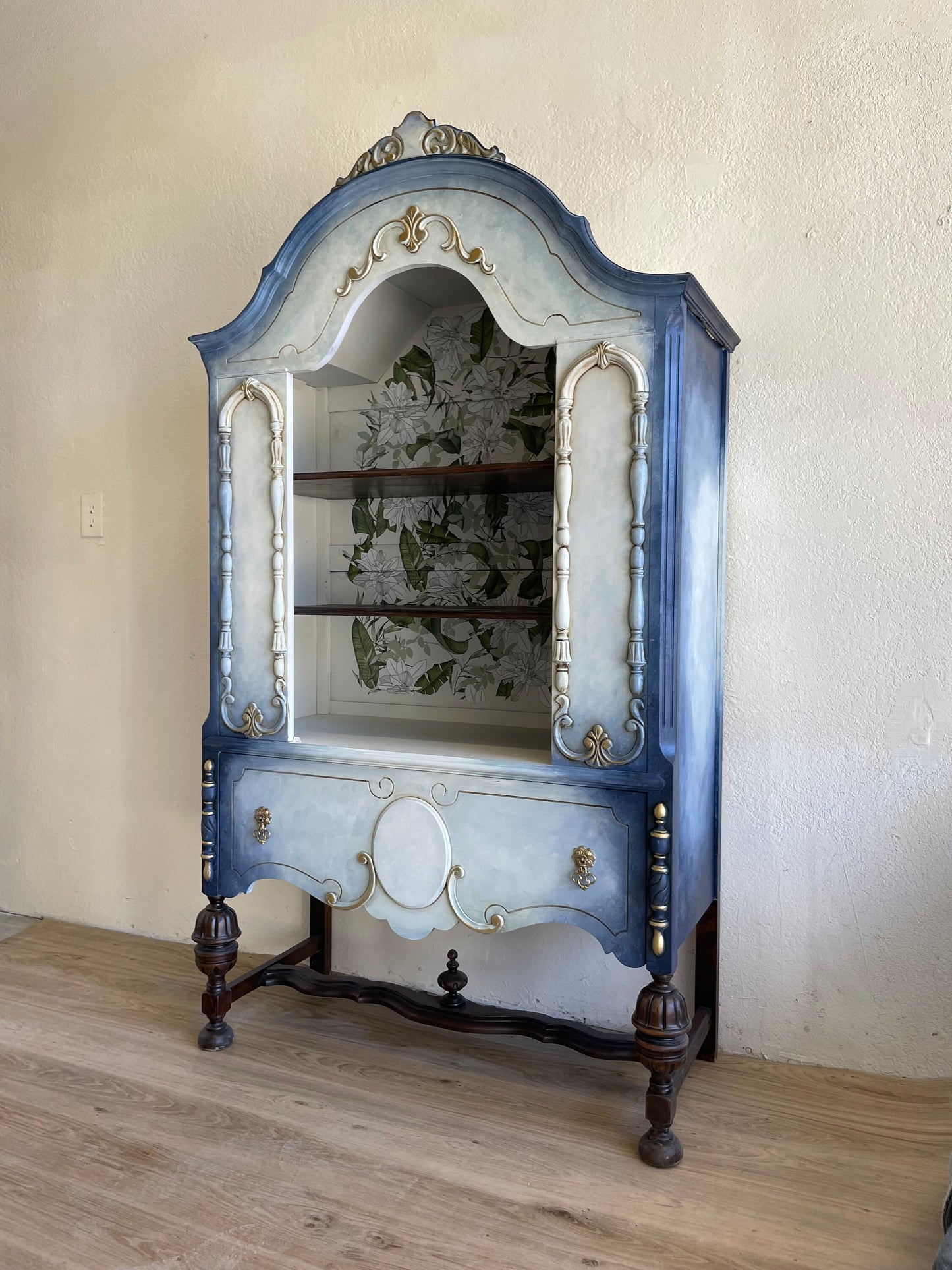 Sold Sold Sold Do NOT Purchase - Example of work- Can Duplicate- Vintage 1920s Carved Wood Blue Floral China Hutch Curio