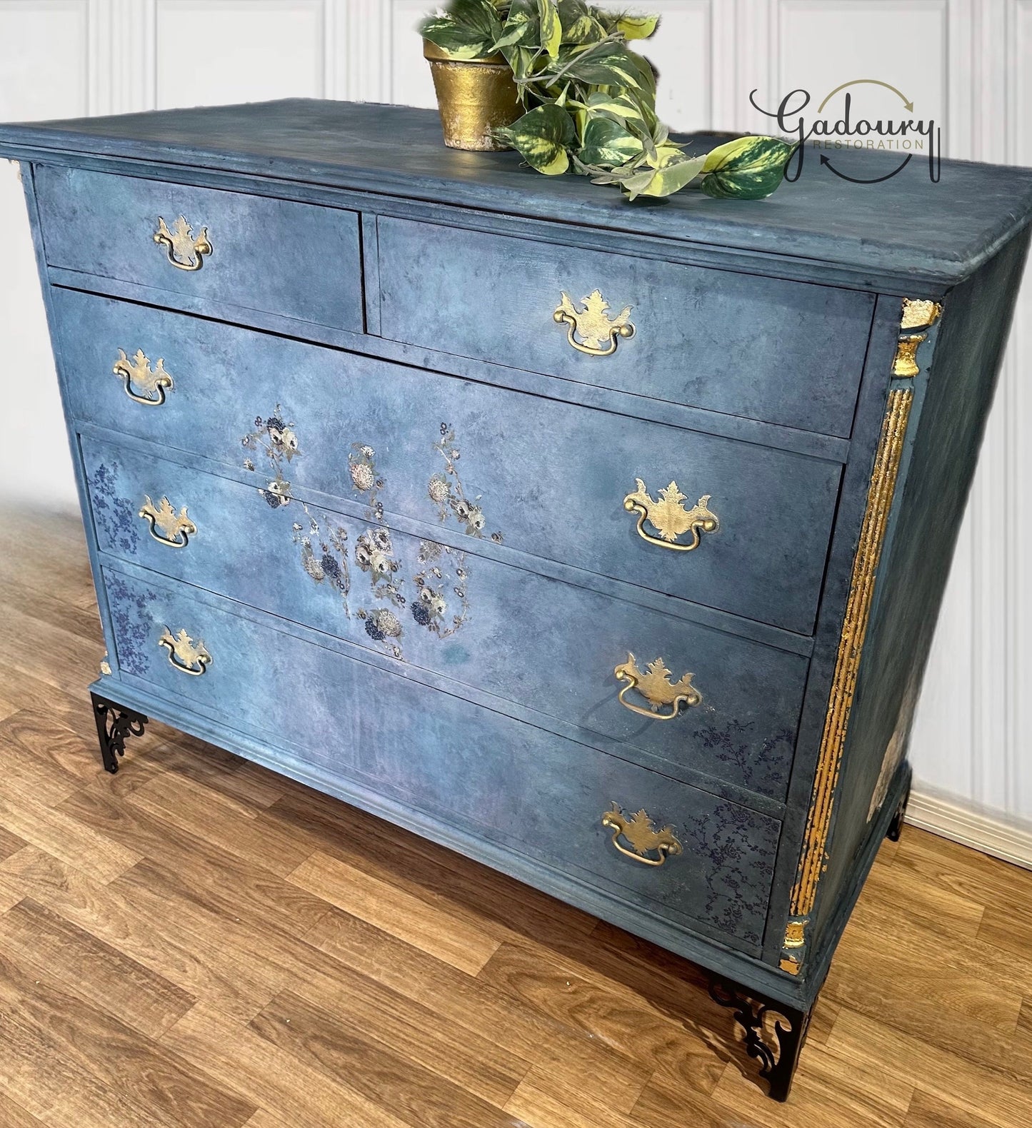 FREE SHIPPING - Madame Jules Vintage Wood Blue Gold ART Chest of Drawers Dresser Antique 1900s - Free Shipping