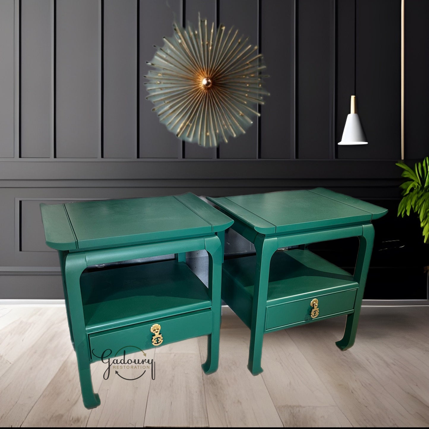 Sold Sold Sold Do NOT Purchase- Example of previous work- CAN DUPLICATE -- Green Vintage Wood Mid Century Modern Set of 2 Asian Ornate