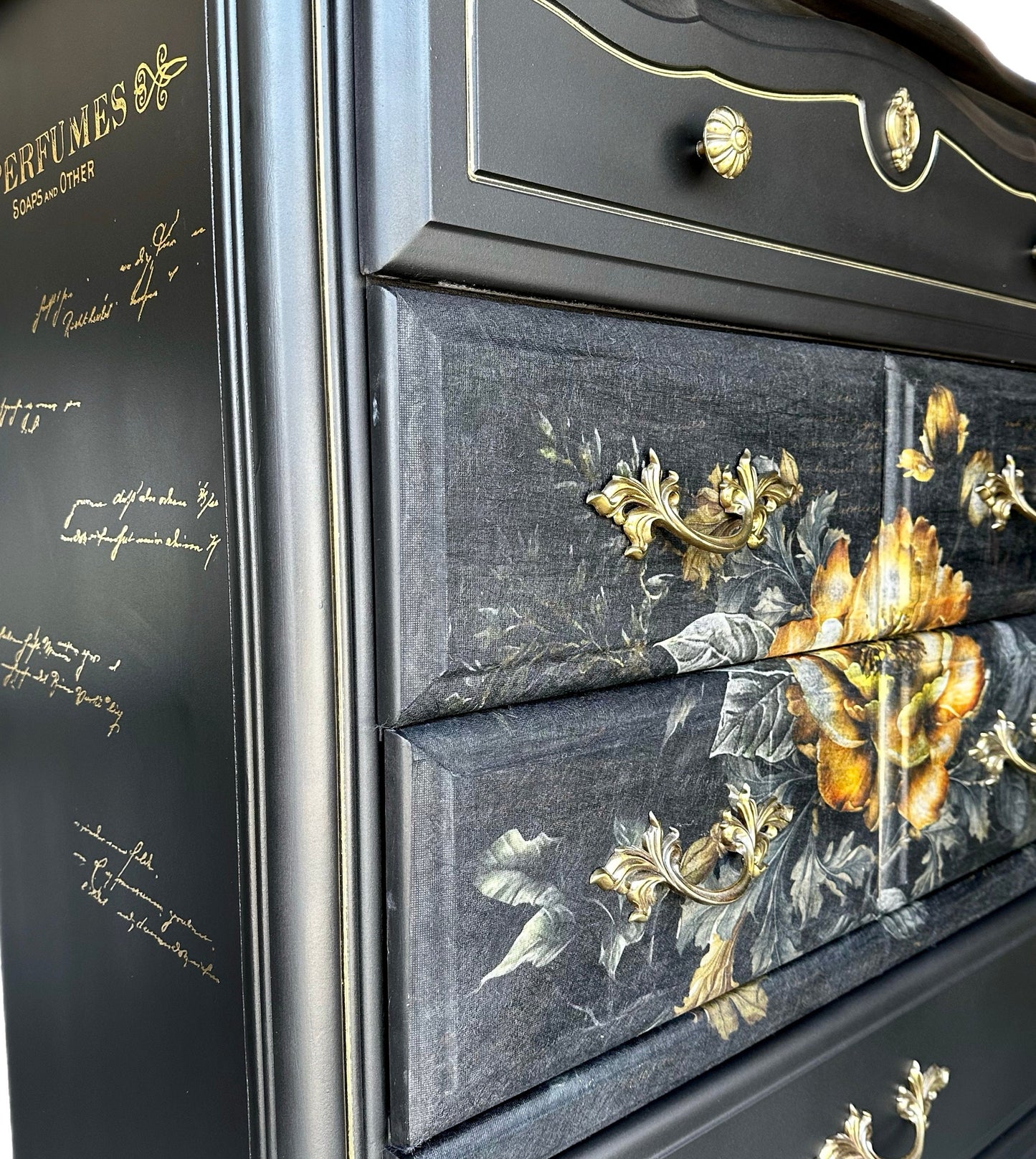 FREE SHIPPING ** French Black GLAM Yellow Floral Gold Beautiful Statement Dresser Cabinet Tall Chest of Drawers