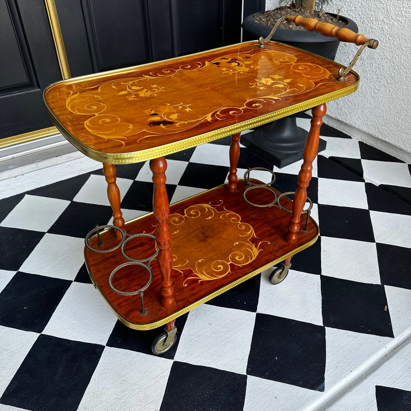 FREE SHIPPING *** Vintage Antique Italian 1950's Inlaid Gold Glam Wood Bar Tea Dessert Cart Wheels Marquetry Hollywood Regency Trolly
