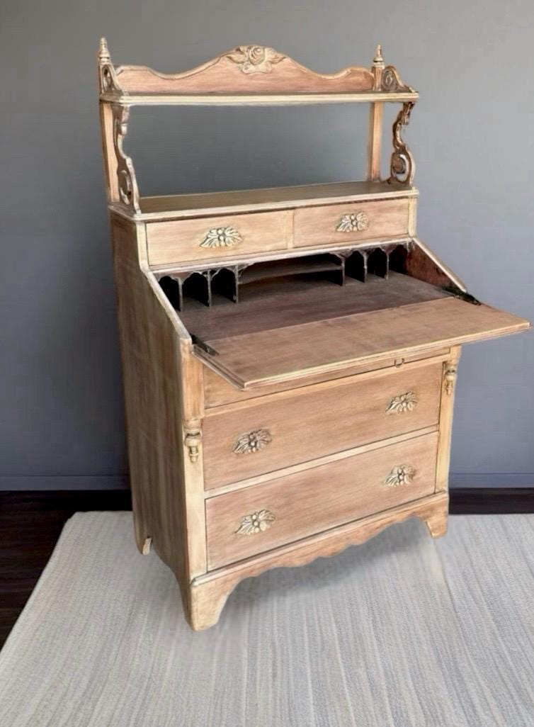 FREE SHIPPING *** Vintage Antique Solid Wood Natural Neutral Secretary Desk cabinet Dresser Storage Victorian Goth Desk