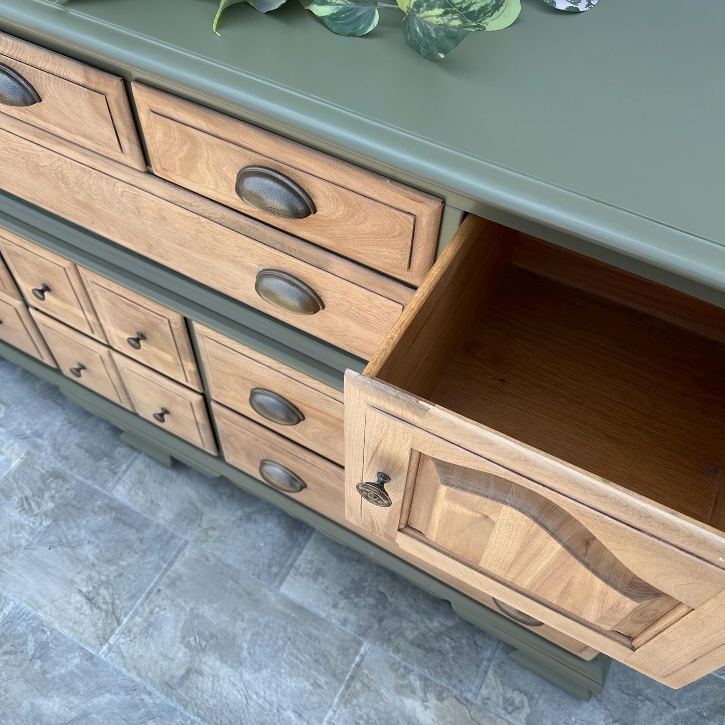 Sold Sold Sold -Do NOT Buy - Can Replicate Olive Green Solid Pine Walnut Wood Modern Natural Wood Long Dresser TV Stand Buffet Credenza