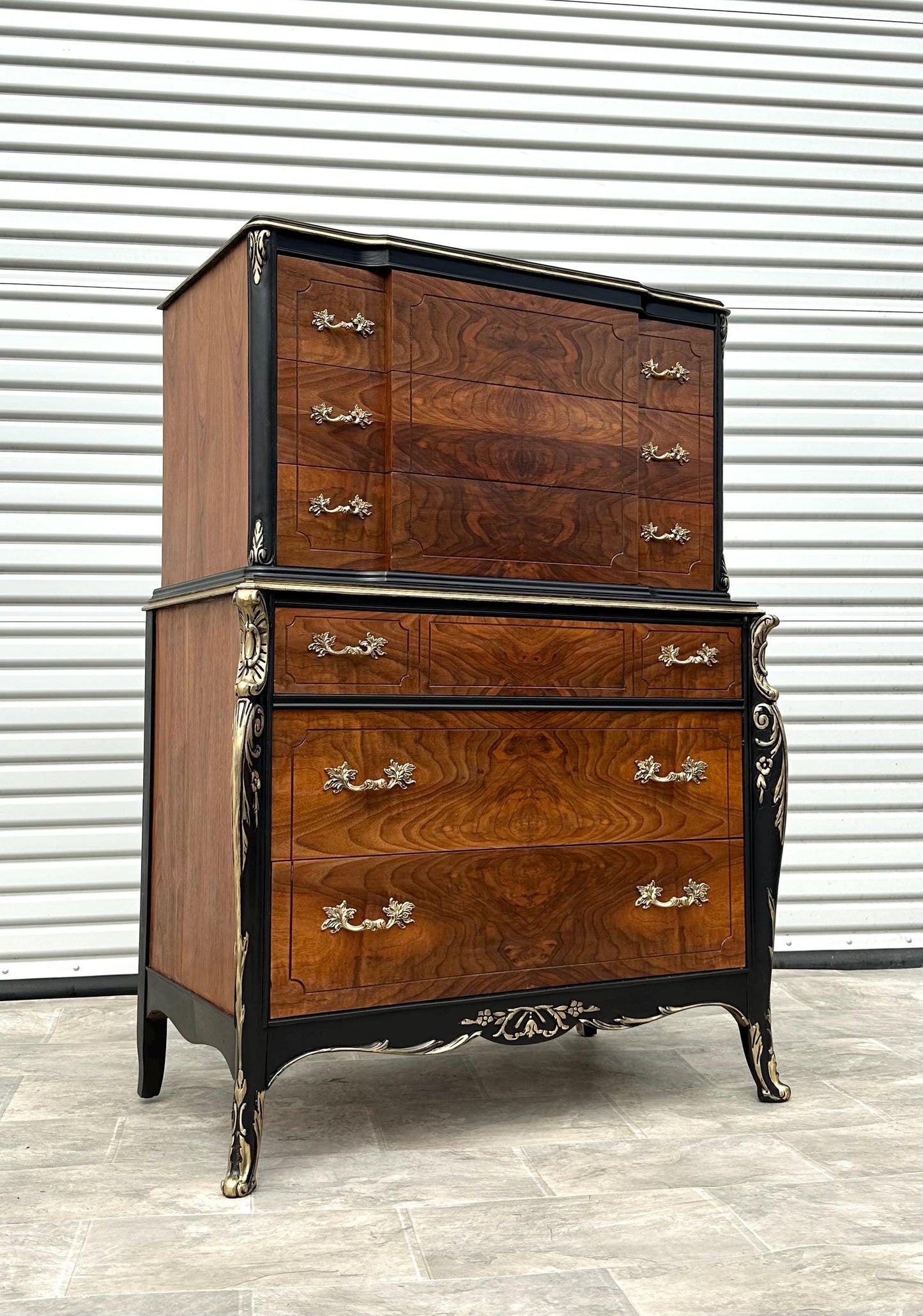 Free Shipping** Gothic Black Gold Glam Antique French Provincial Louis XV Burled Walnut and Parcel Painted Highboy Dresser Circa 1920s