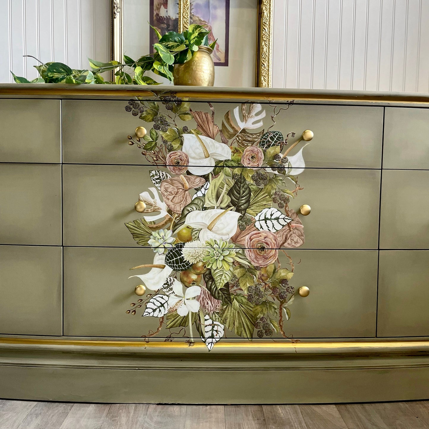SOLD SOLD SOLD -Do Not Purchase Example of Work Can Duplicate-  Long Solid Wood Green Floral Wood 9 Drawer Statement Accent Buffet