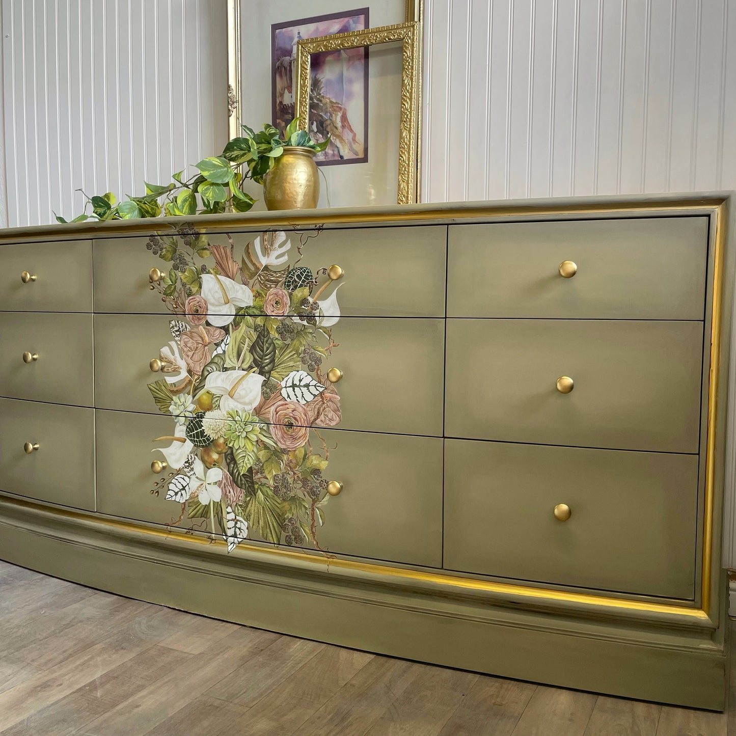 SOLD SOLD SOLD -Do Not Purchase Example of Work Can Duplicate-  Long Solid Wood Green Floral Wood 9 Drawer Statement Accent Buffet