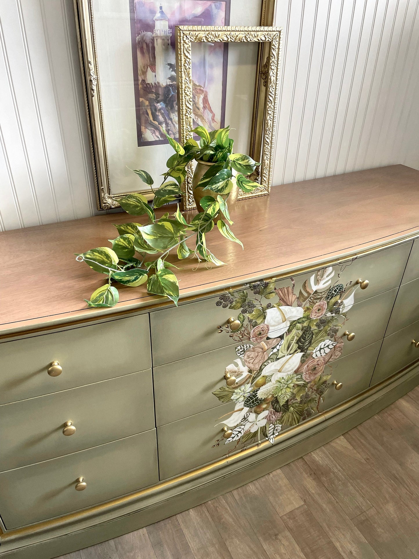 SOLD SOLD SOLD -Do Not Purchase Example of Work Can Duplicate-  Long Solid Wood Green Floral Wood 9 Drawer Statement Accent Buffet