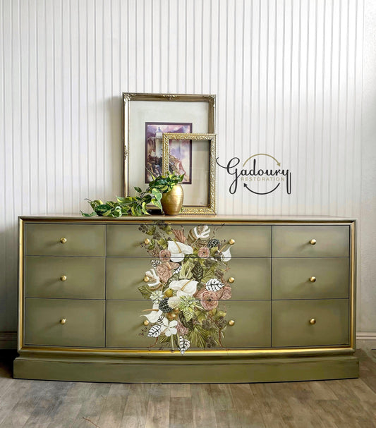 SOLD SOLD SOLD -Do Not Purchase Example of Work Can Duplicate-  Long Solid Wood Green Floral Wood 9 Drawer Statement Accent Buffet