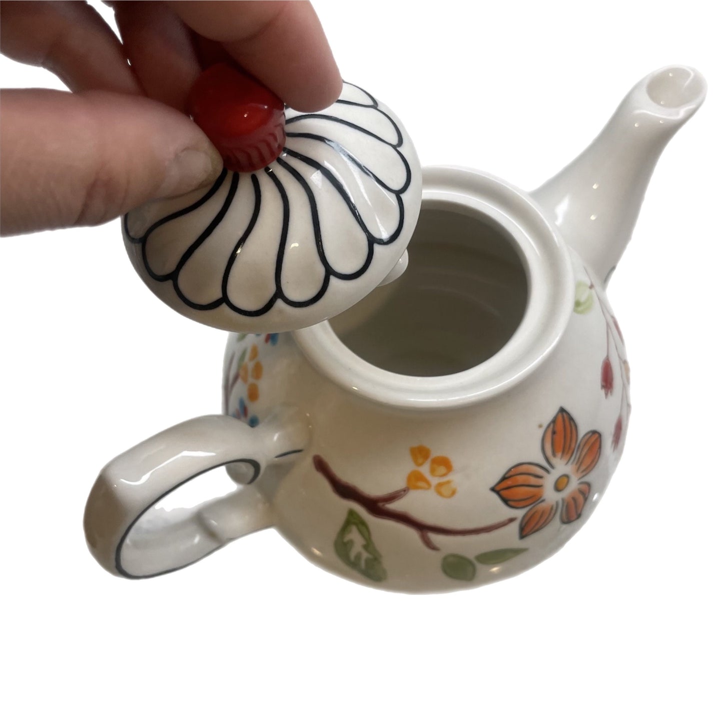 Hand Painted Vintage Dutch Coastline Imports Wax Floral Black Red Lines Teapot Modern