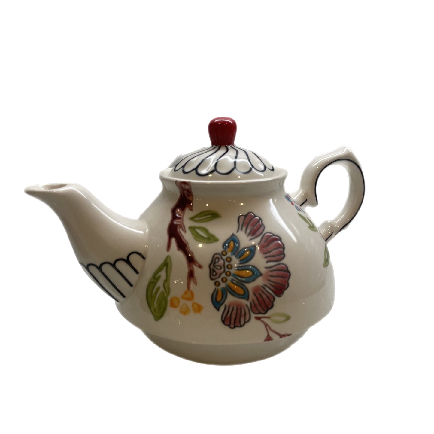 Hand Painted Vintage Dutch Coastline Imports Wax Floral Black Red Lines Teapot Modern