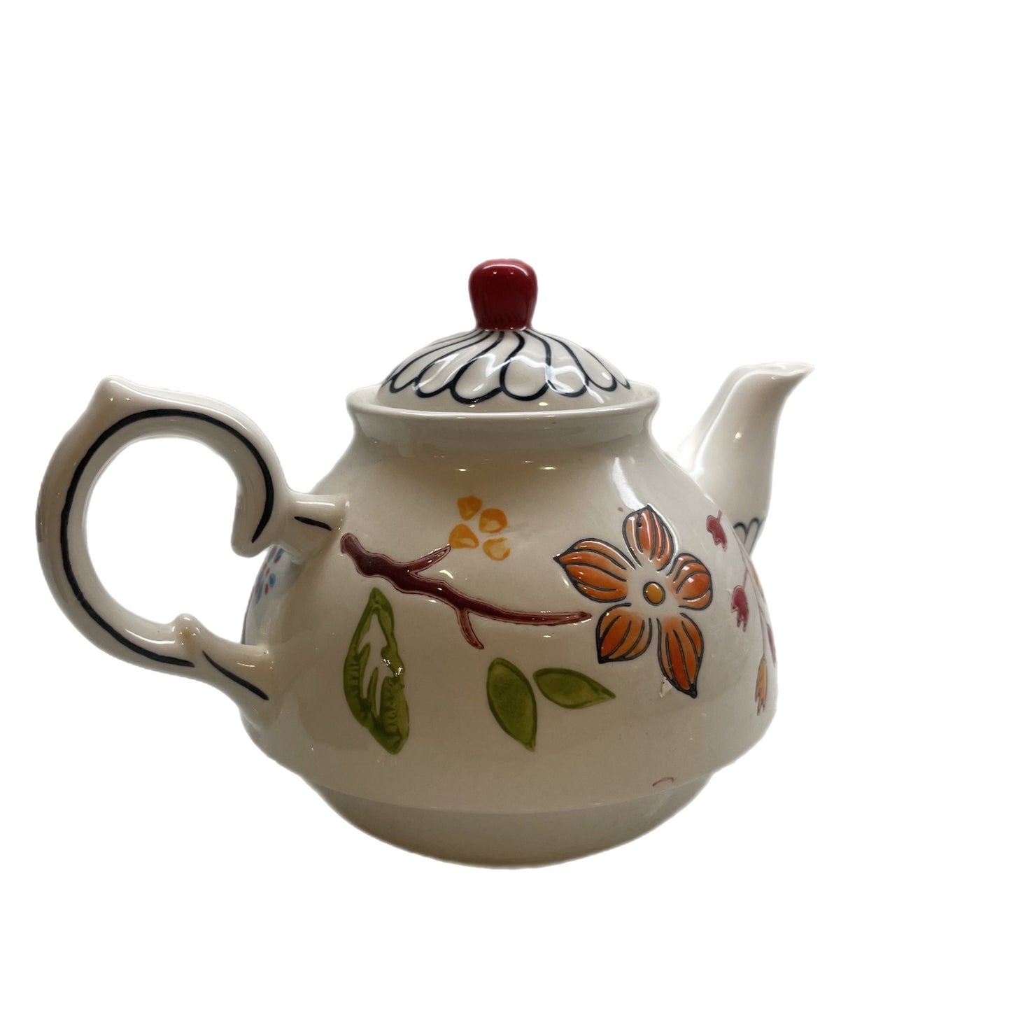 Hand Painted Vintage Dutch Coastline Imports Wax Floral Black Red Lines Teapot Modern