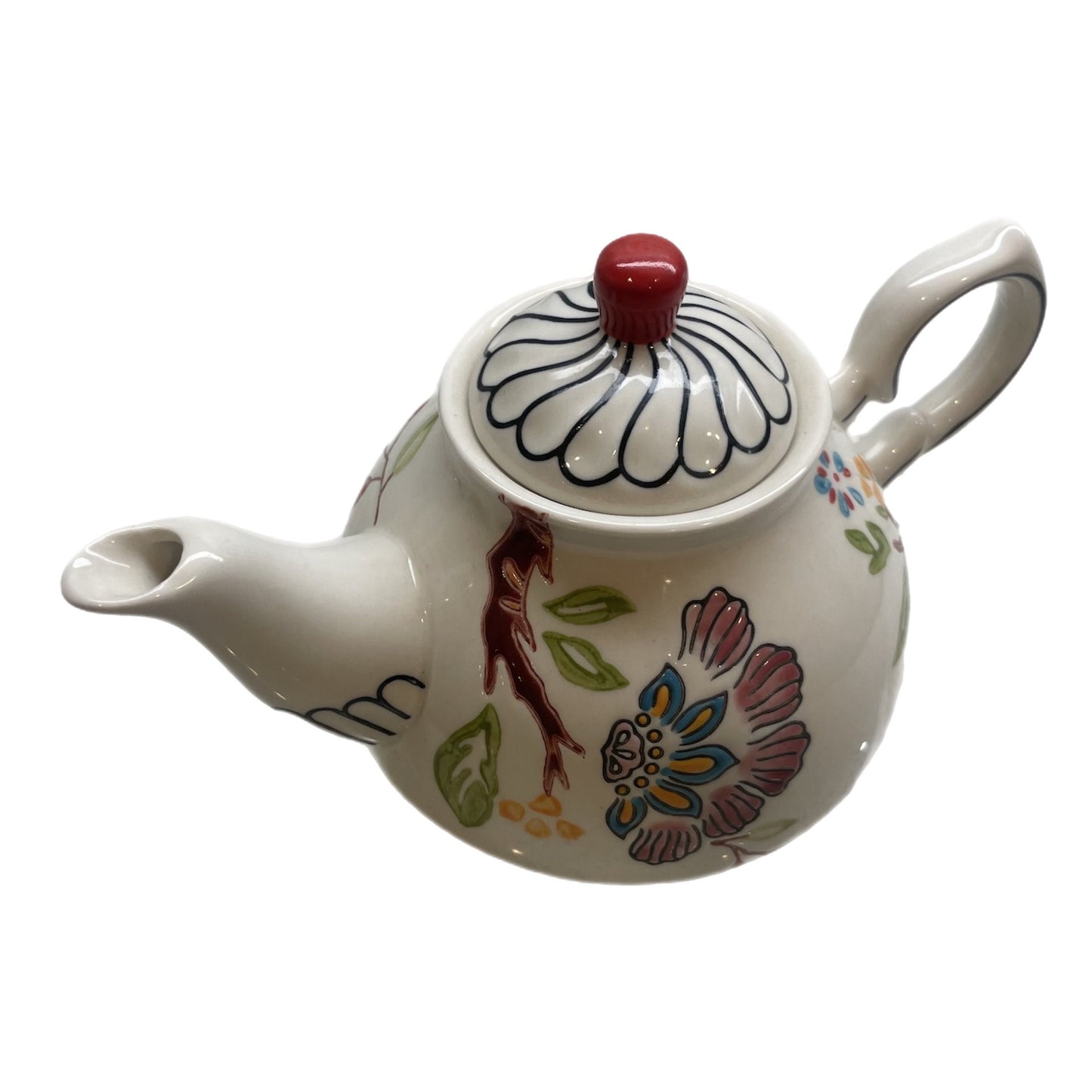Hand Painted Vintage Dutch Coastline Imports Wax Floral Black Red Lines Teapot Modern
