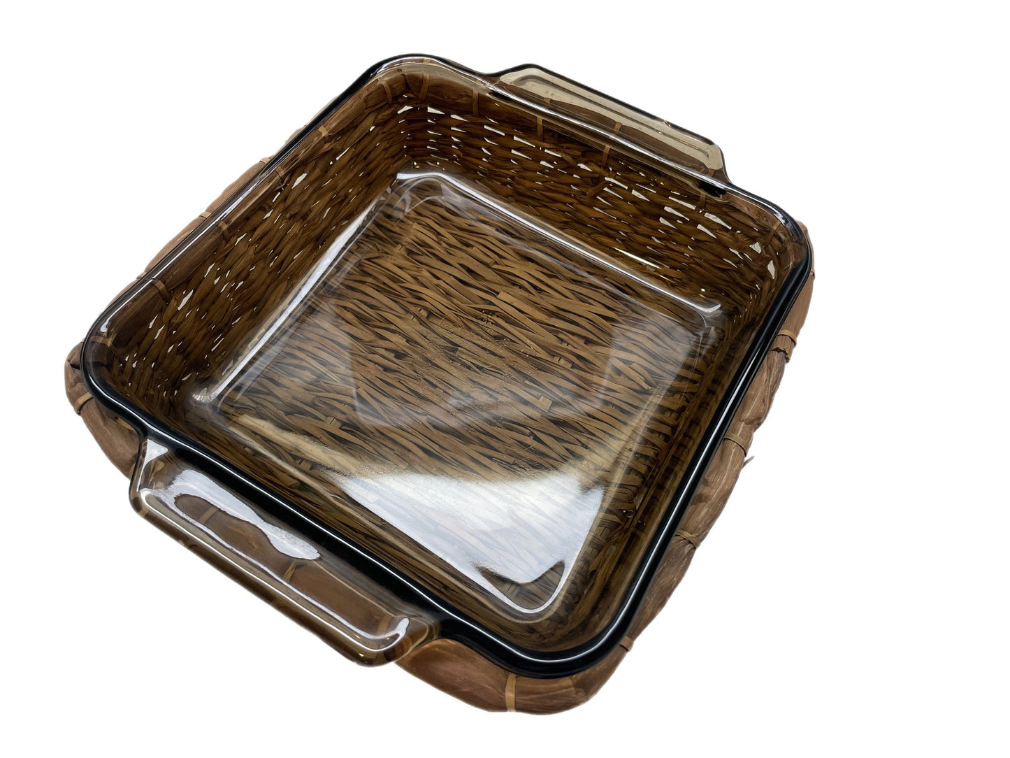 Anchor 1035 Amber Square baking dish 2 qt wicker basket vintage