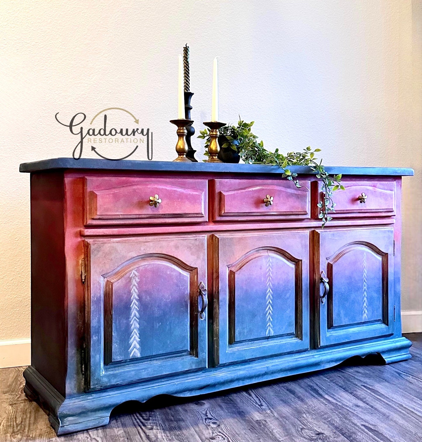 SOLD SOLD SOLD Vintage Boho Wood Blue Red Rainbow Dresser Buffet Tv Stand Entry Credenza Cabinet- Do Not Purchase
