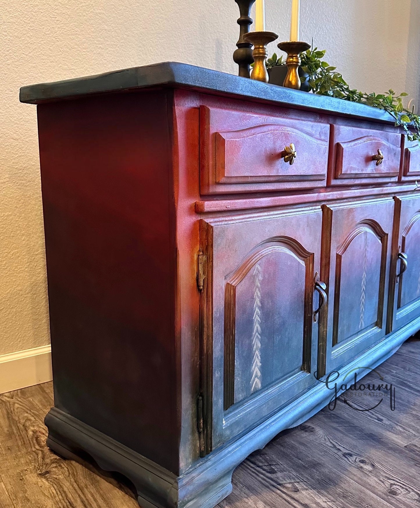 SOLD SOLD SOLD Vintage Boho Wood Blue Red Rainbow Dresser Buffet Tv Stand Entry Credenza Cabinet- Do Not Purchase