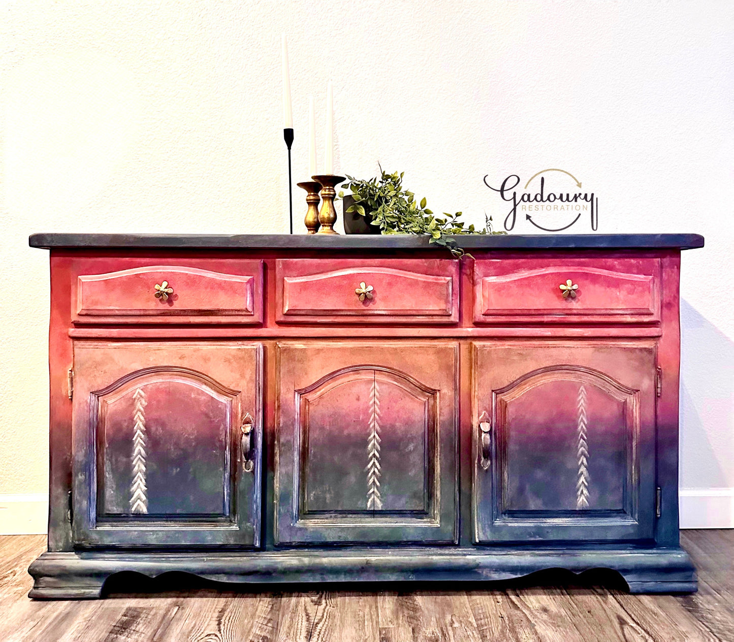 SOLD SOLD SOLD Vintage Boho Wood Blue Red Rainbow Dresser Buffet Tv Stand Entry Credenza Cabinet- Do Not Purchase