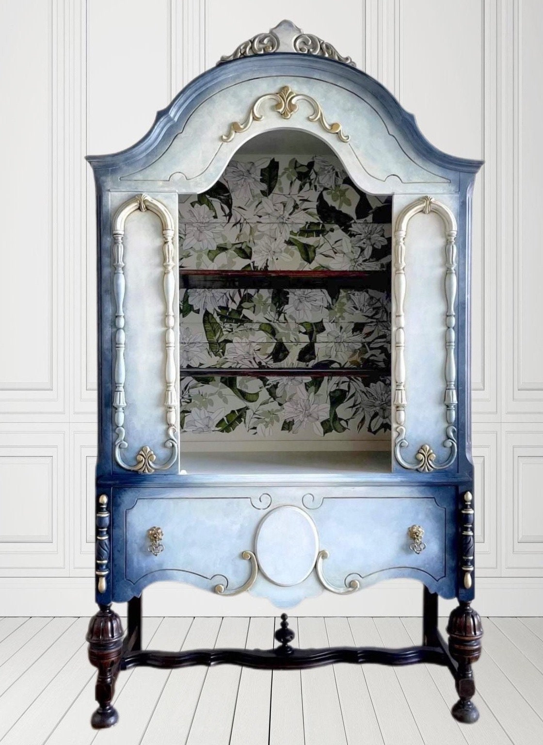 Sold Sold Sold Do NOT Purchase - Example of work-  Can Duplicate- Vintage 1920s Carved Wood Blue Floral China Hutch Curio