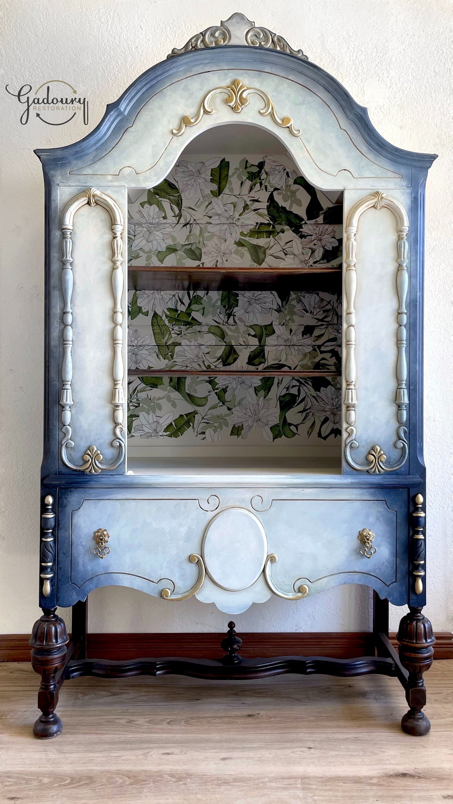 Sold Sold Sold Do NOT Purchase - Example of work-  Can Duplicate- Vintage 1920s Carved Wood Blue Floral China Hutch Curio