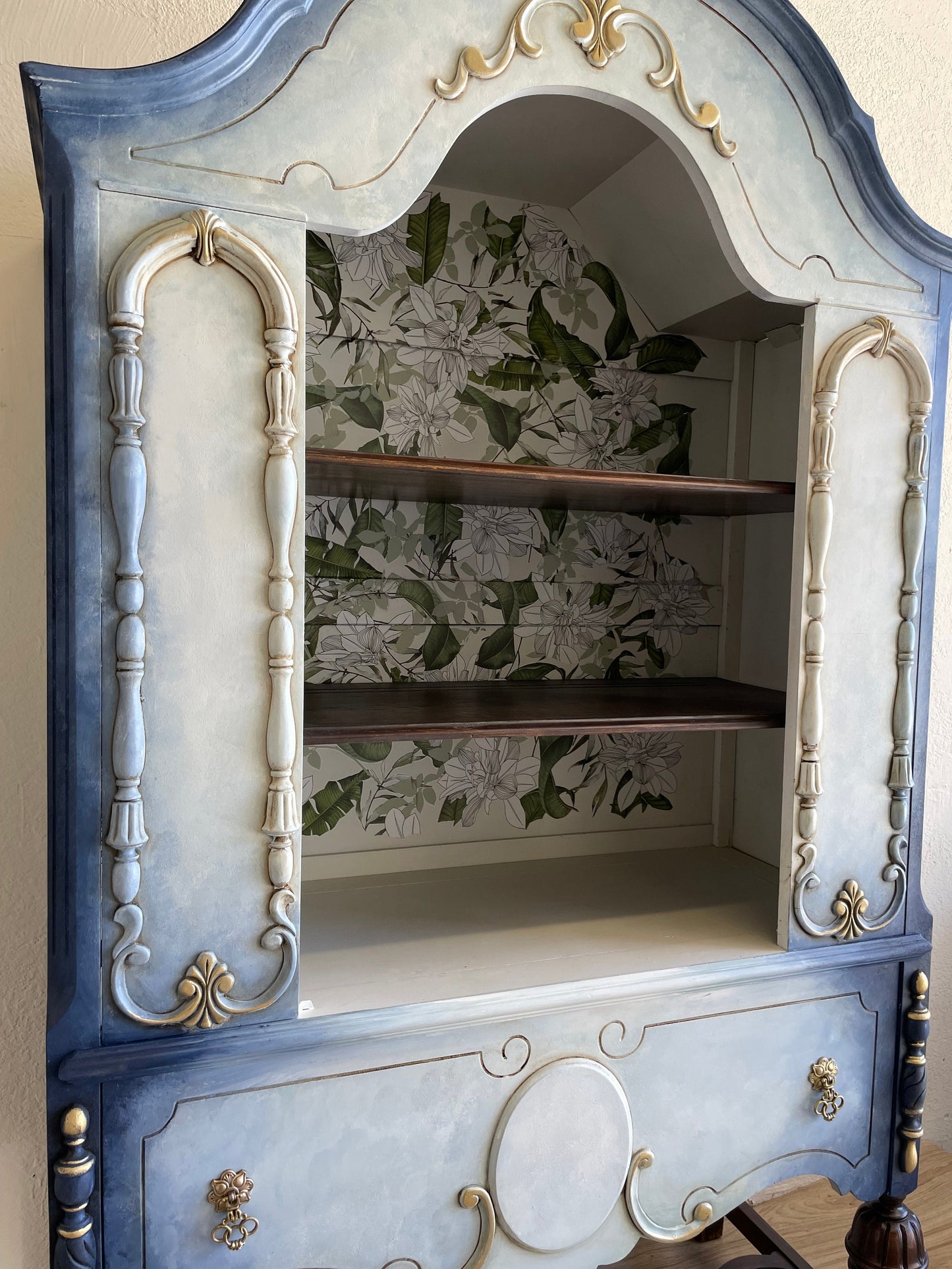 Sold Sold Sold Do NOT Purchase - Example of work-  Can Duplicate- Vintage 1920s Carved Wood Blue Floral China Hutch Curio