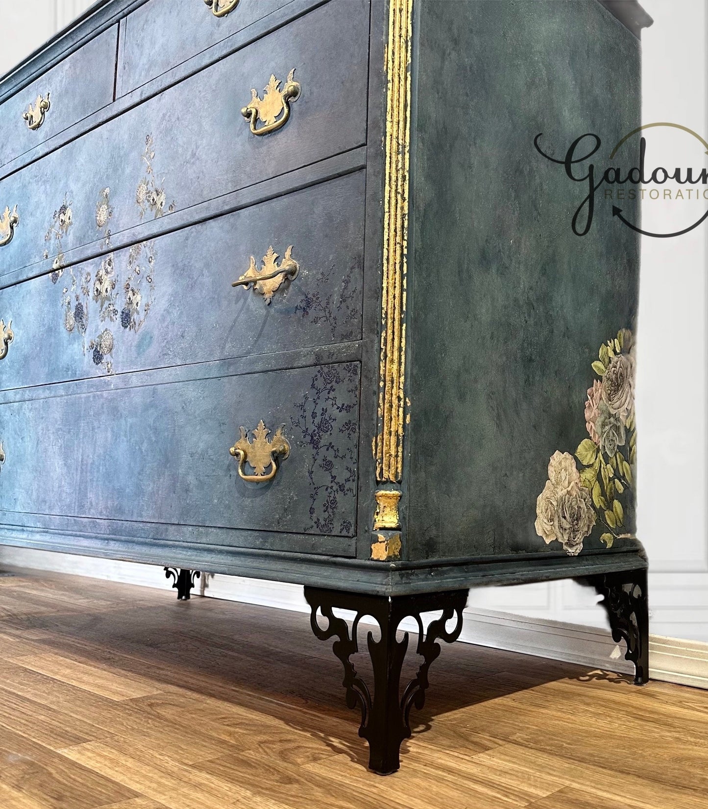 FREE SHIPPING  - Madame Jules Vintage Wood Blue Gold ART Chest of Drawers Dresser Antique 1900s - Free Shipping