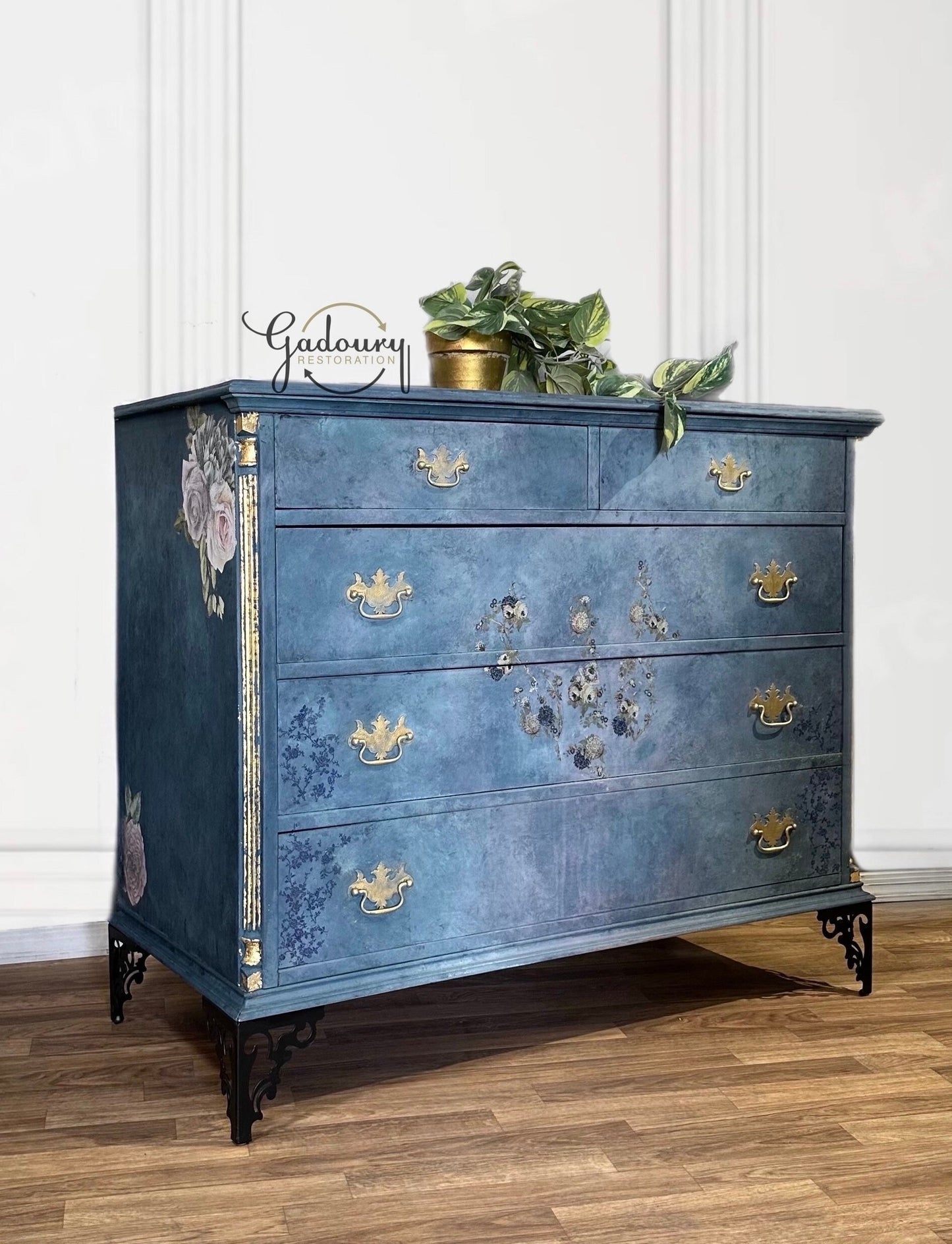 FREE SHIPPING  - Madame Jules Vintage Wood Blue Gold ART Chest of Drawers Dresser Antique 1900s - Free Shipping