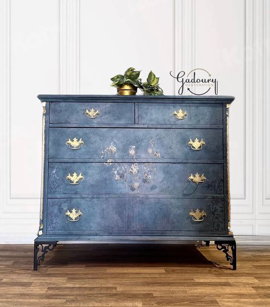 FREE SHIPPING  - Madame Jules Vintage Wood Blue Gold ART Chest of Drawers Dresser Antique 1900s - Free Shipping