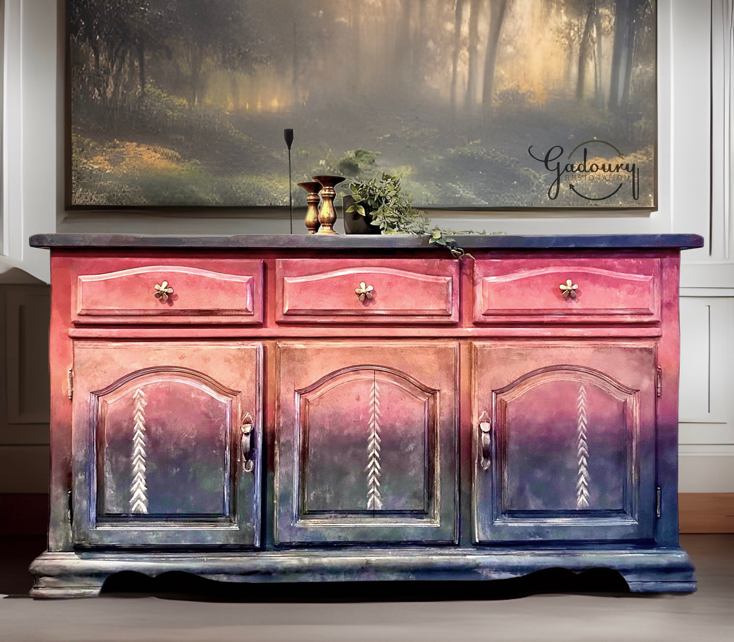 SOLD SOLD SOLD Vintage Boho Wood Blue Red Rainbow Dresser Buffet Tv Stand Entry Credenza Cabinet- Do Not Purchase