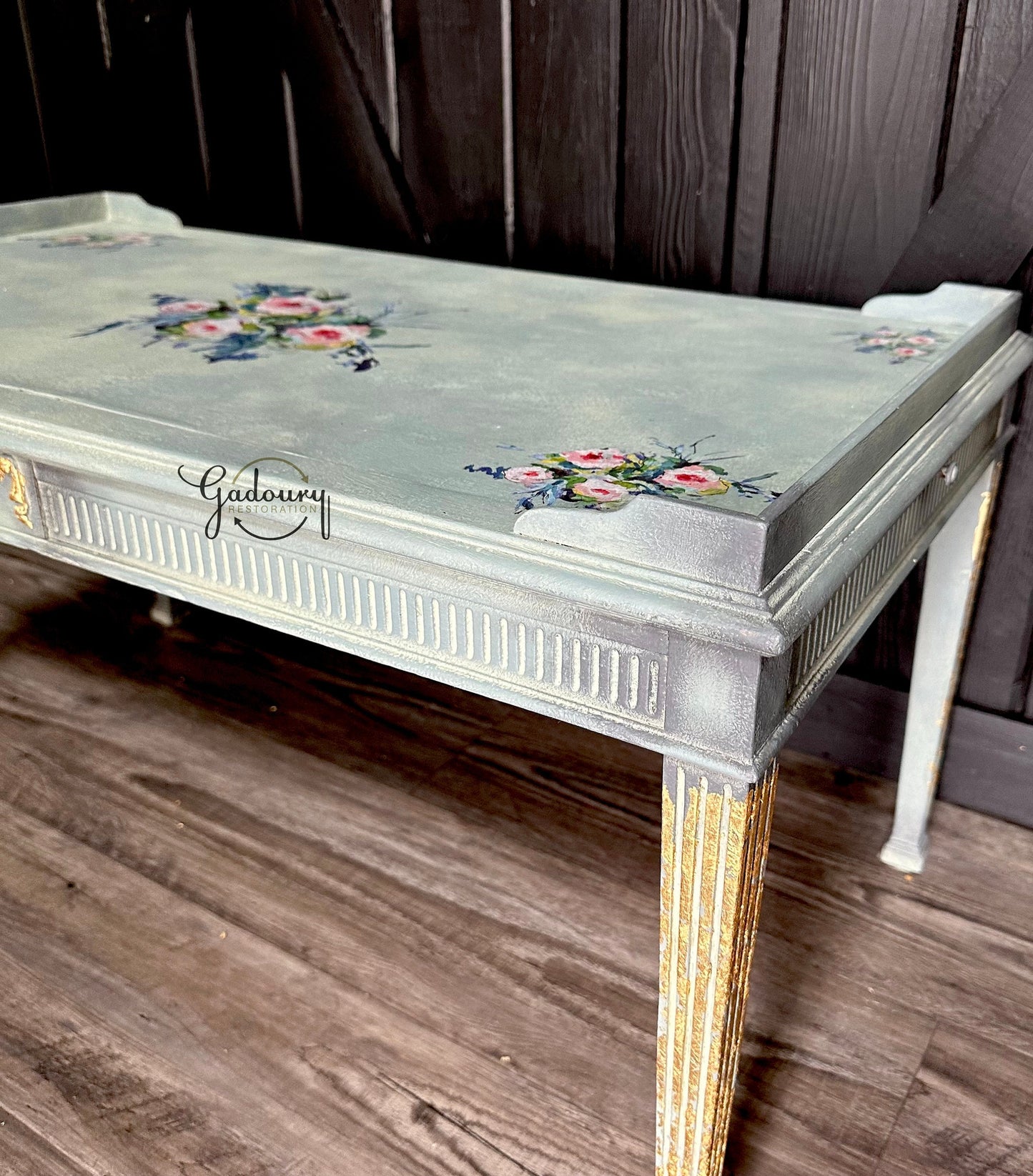 FREE SHIPPING *** - Madame Laci Vintage wood French Blue Gold Floral Coffee Side Table