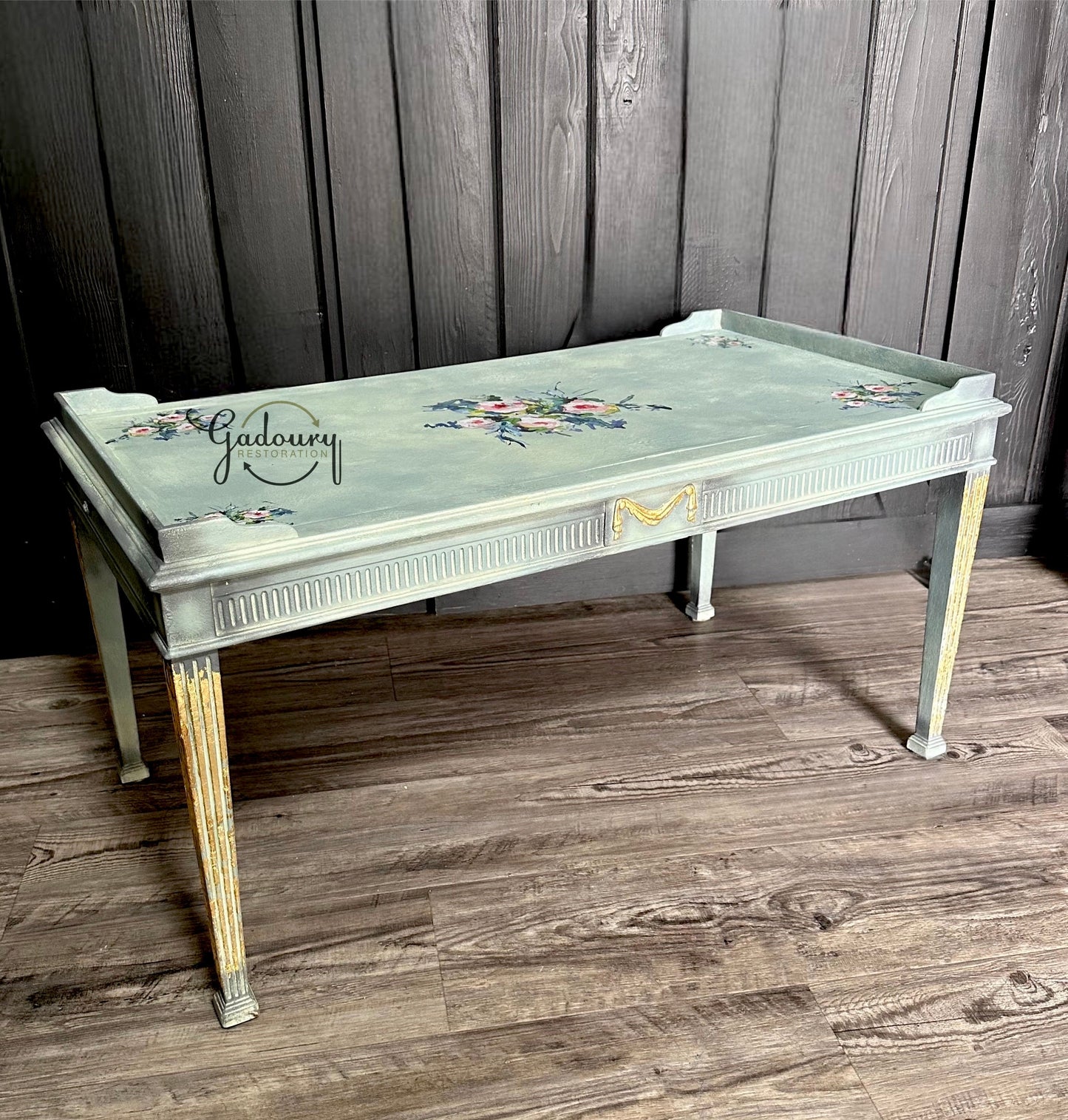 FREE SHIPPING *** - Madame Laci Vintage wood French Blue Gold Floral Coffee Side Table
