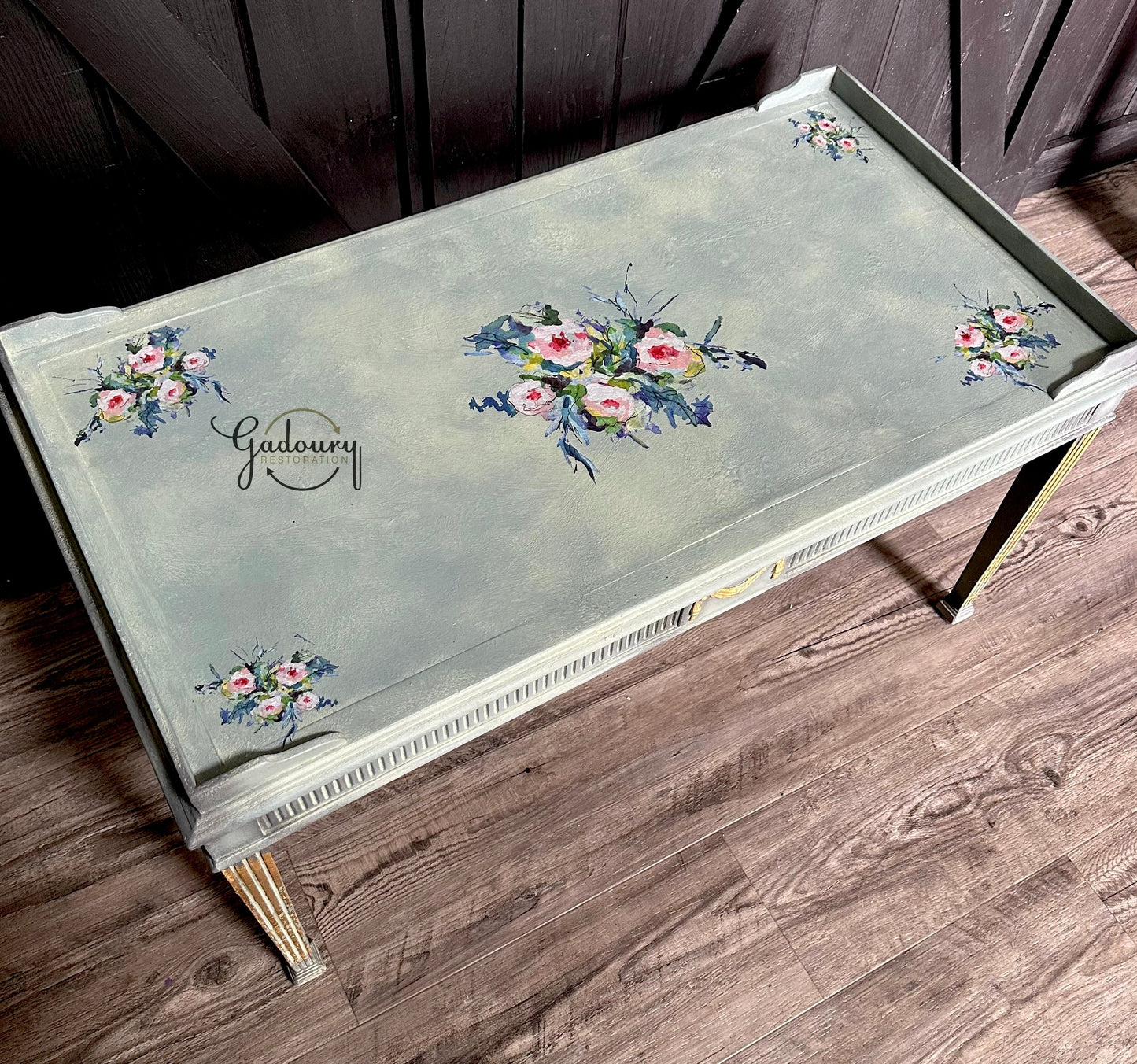 FREE SHIPPING *** - Madame Laci Vintage wood French Blue Gold Floral Coffee Side Table