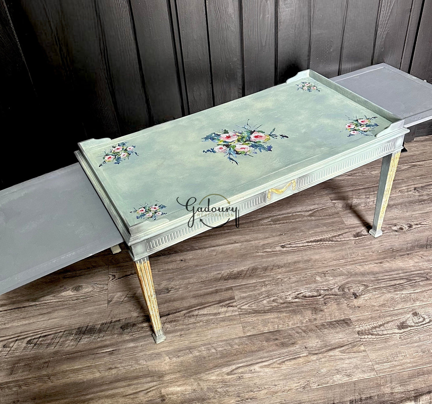 FREE SHIPPING *** - Madame Laci Vintage wood French Blue Gold Floral Coffee Side Table