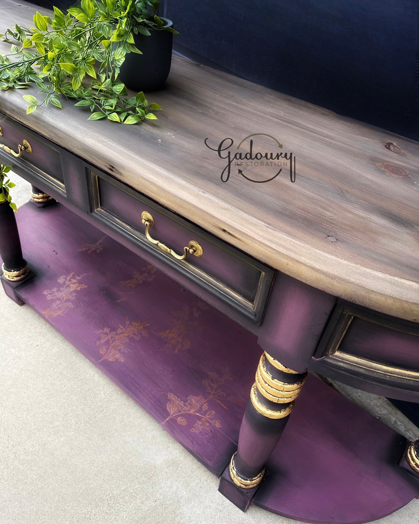 SOLD SOLD SOLD  Madame Laven Purple Black Victorian Gold Wood Entry Table Cabinet Shelf Buffet Tv Stand Do Not Purchase