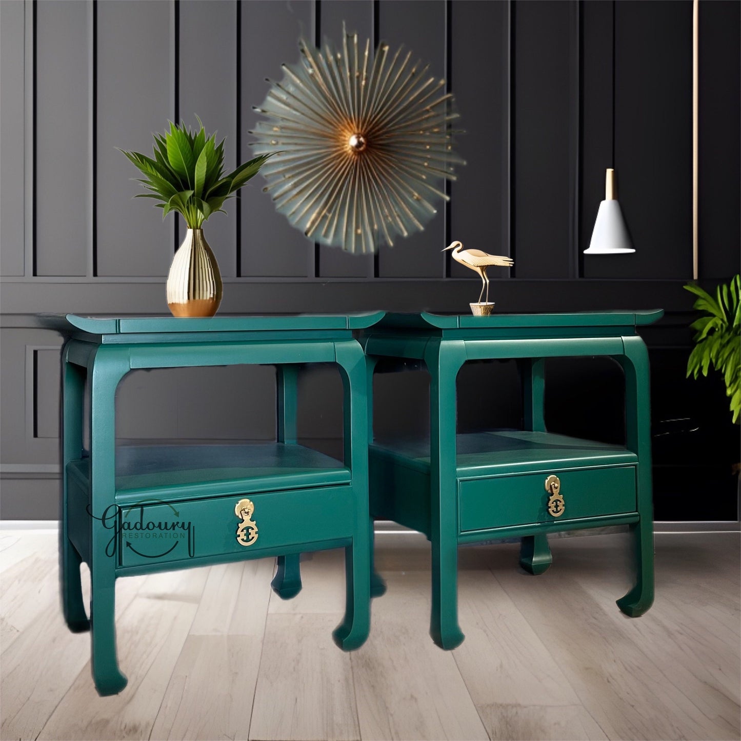 Sold Sold Sold Do NOT Purchase-  Example of previous work- CAN DUPLICATE -- Green Vintage Wood Mid Century Modern Set of 2 Asian Ornate