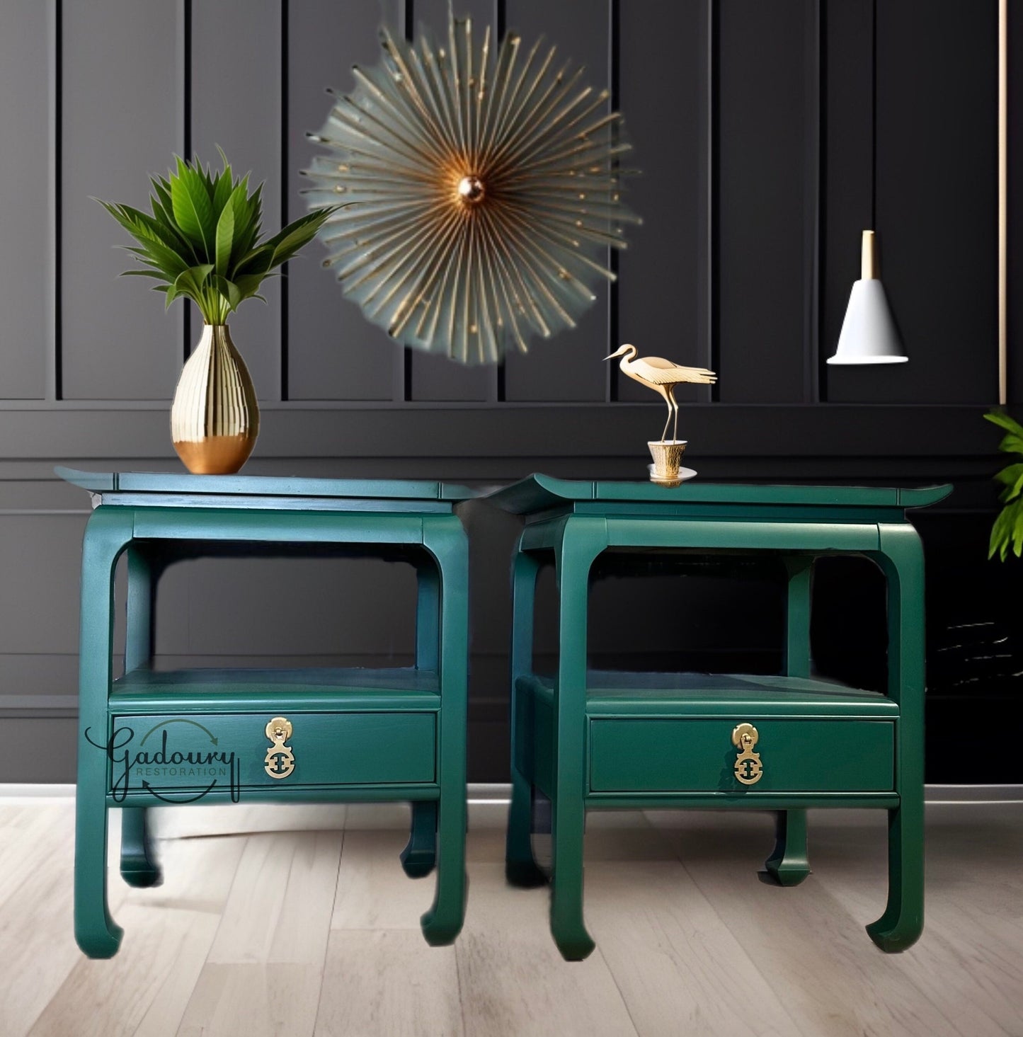 Sold Sold Sold Do NOT Purchase-  Example of previous work- CAN DUPLICATE -- Green Vintage Wood Mid Century Modern Set of 2 Asian Ornate