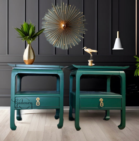Sold Sold Sold Do NOT Purchase-  Example of previous work- CAN DUPLICATE -- Green Vintage Wood Mid Century Modern Set of 2 Asian Ornate