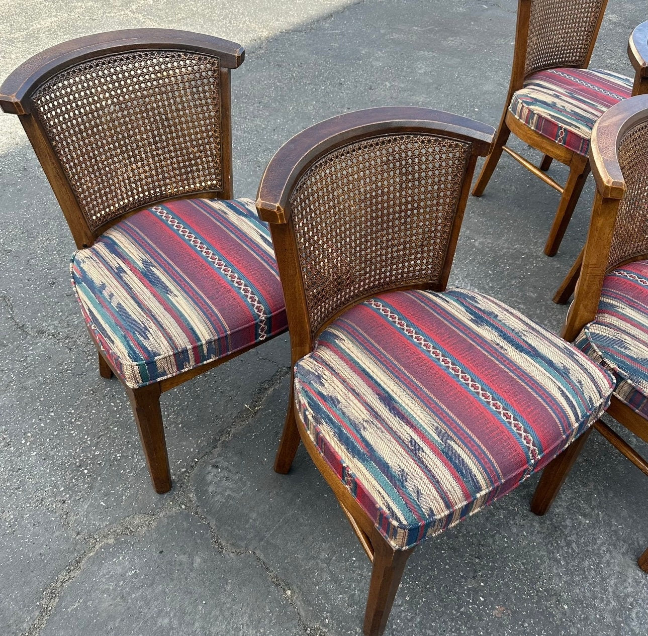 Mid Century Modern MCM set of 5 Boho Cane Wood Vintage Dining Table Game Chairs