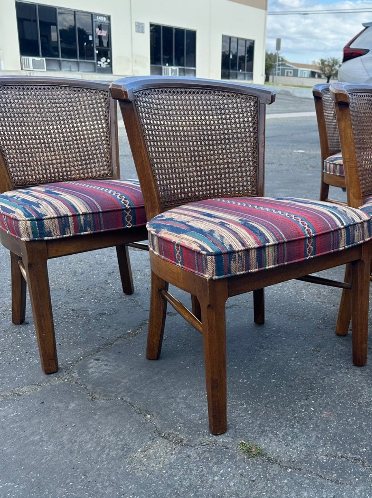 Mid Century Modern MCM set of 5 Boho Cane Wood Vintage Dining Table Game Chairs