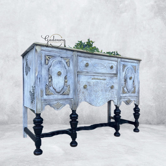 SOLD SOLD SOLD - Antique 1900's Vintage Black White Gold Old World Ornate Wood Buffet Credenza Sideboard Storage Cabinet -- Do not Purchase