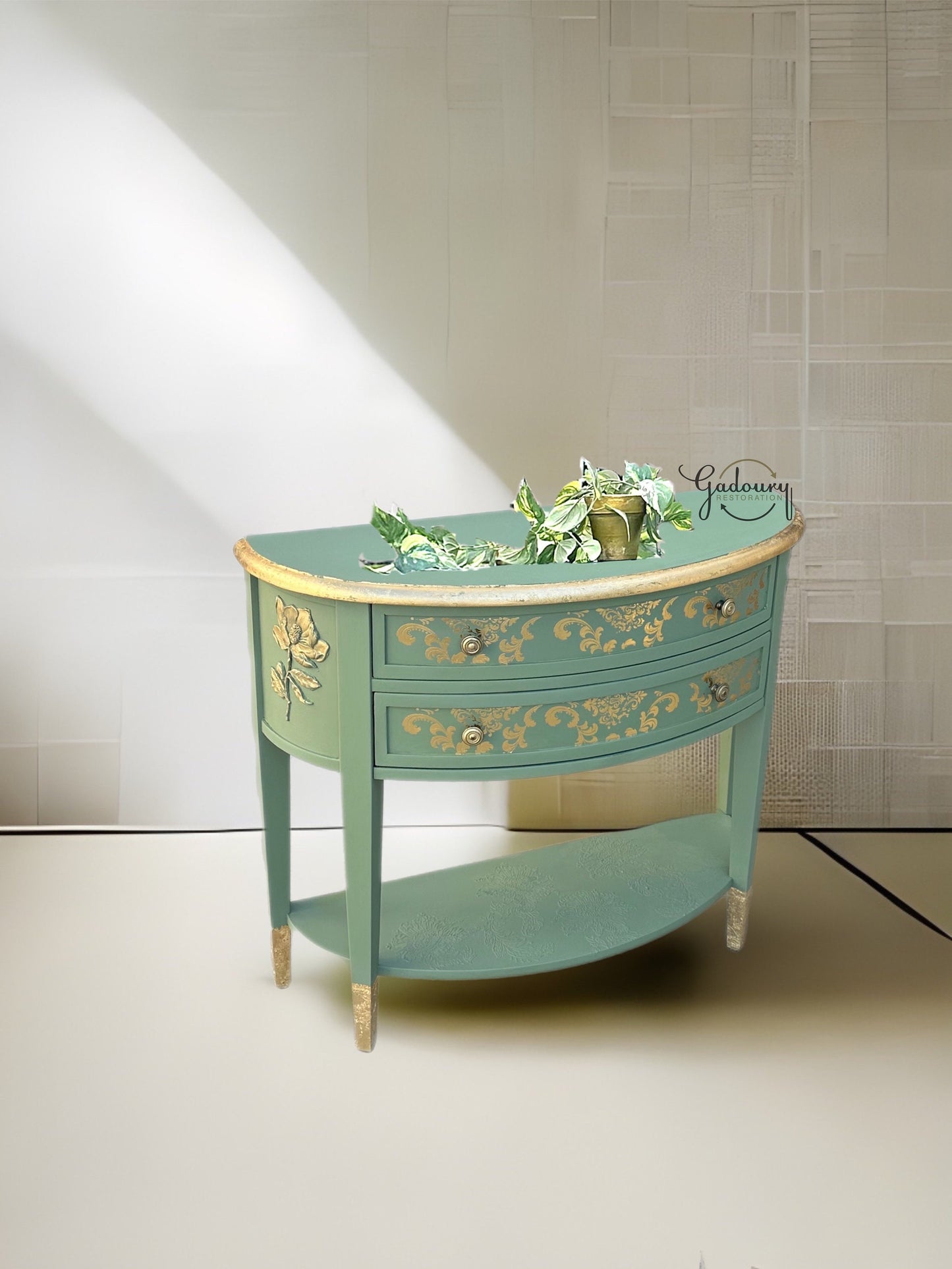 Green Gold Leaf Glam Entry Accent Hallway Table Cabinet Storage Shelf