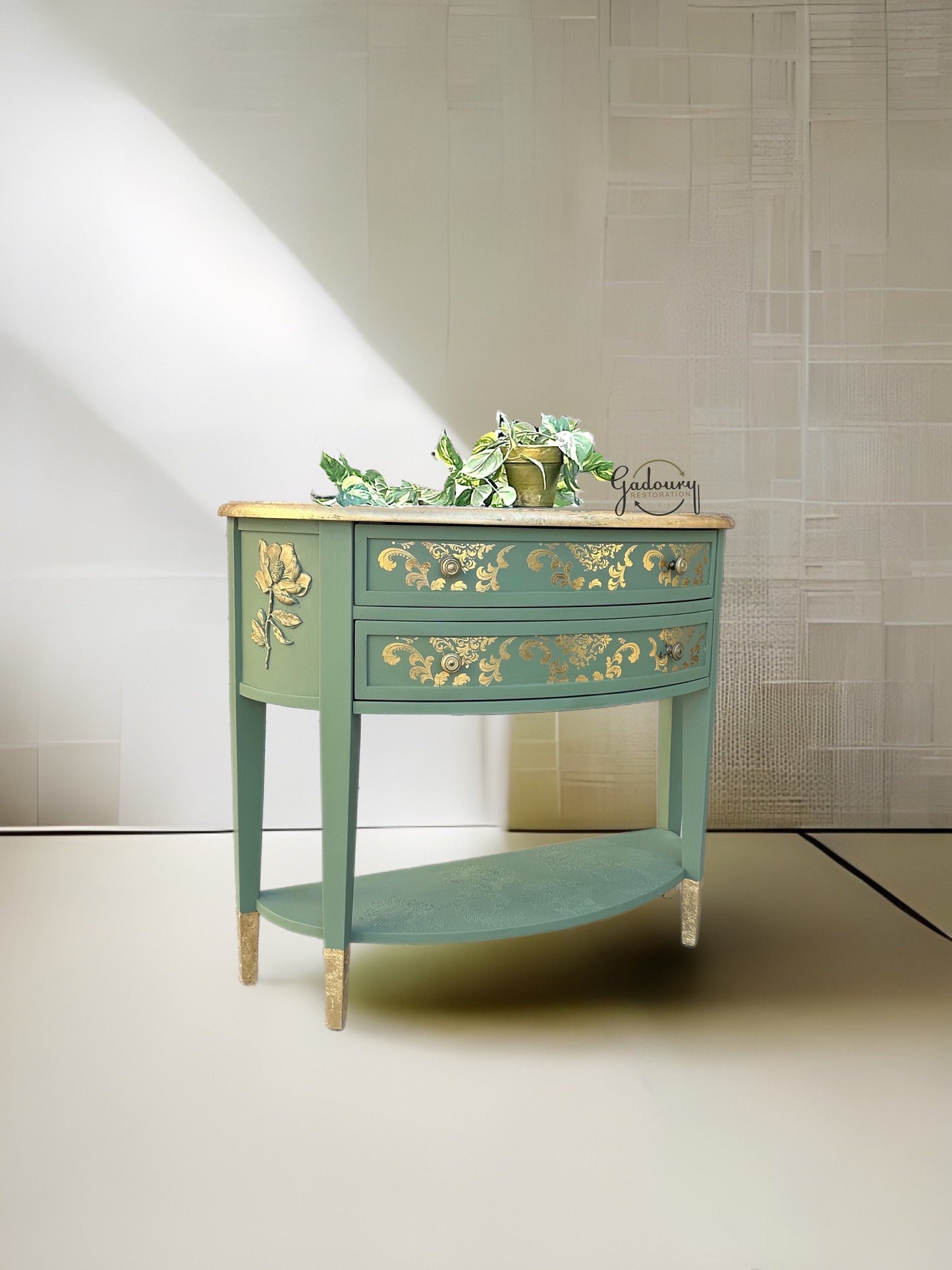 Green Gold Leaf Glam Entry Accent Hallway Table Cabinet Storage Shelf