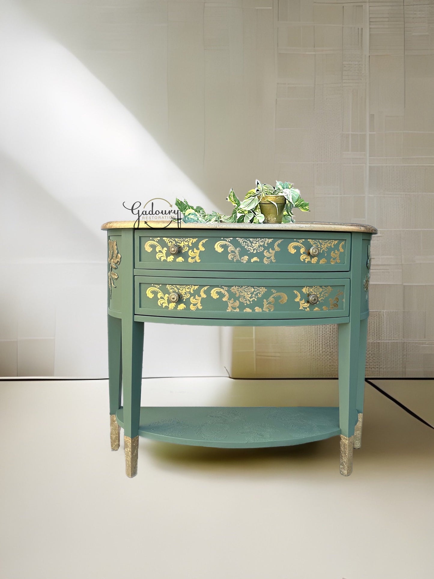 Green Gold Leaf Glam Entry Accent Hallway Table Cabinet Storage Shelf
