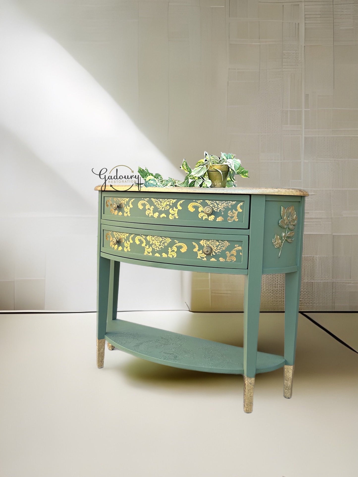 Green Gold Leaf Glam Entry Accent Hallway Table Cabinet Storage Shelf