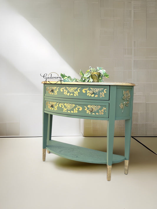 Green Gold Leaf Glam Entry Accent Hallway Table Cabinet Storage Shelf