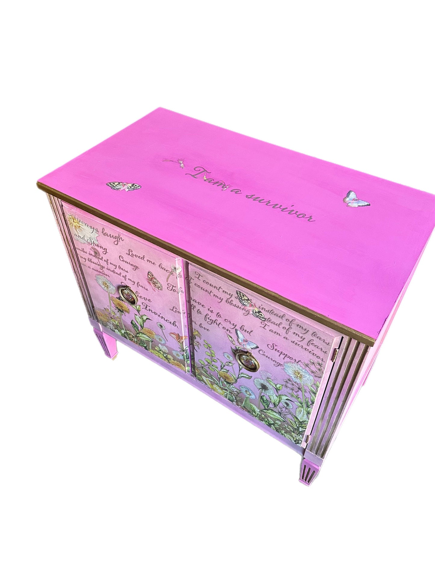 FREE SHIPPING ** Vintage Mid Century Pink Breast Cancer Awareness Butterfly gold large end table Night Stand Side Table Floral