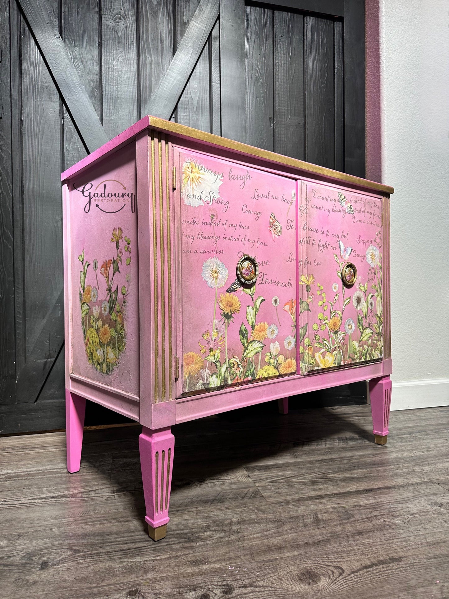 FREE SHIPPING ** Vintage Mid Century Pink Breast Cancer Awareness Butterfly gold large end table Night Stand Side Table Floral