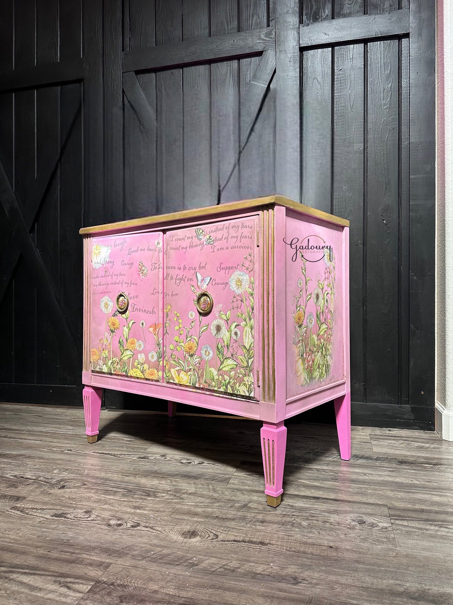 FREE SHIPPING ** Vintage Mid Century Pink Breast Cancer Awareness Butterfly gold large end table Night Stand Side Table Floral