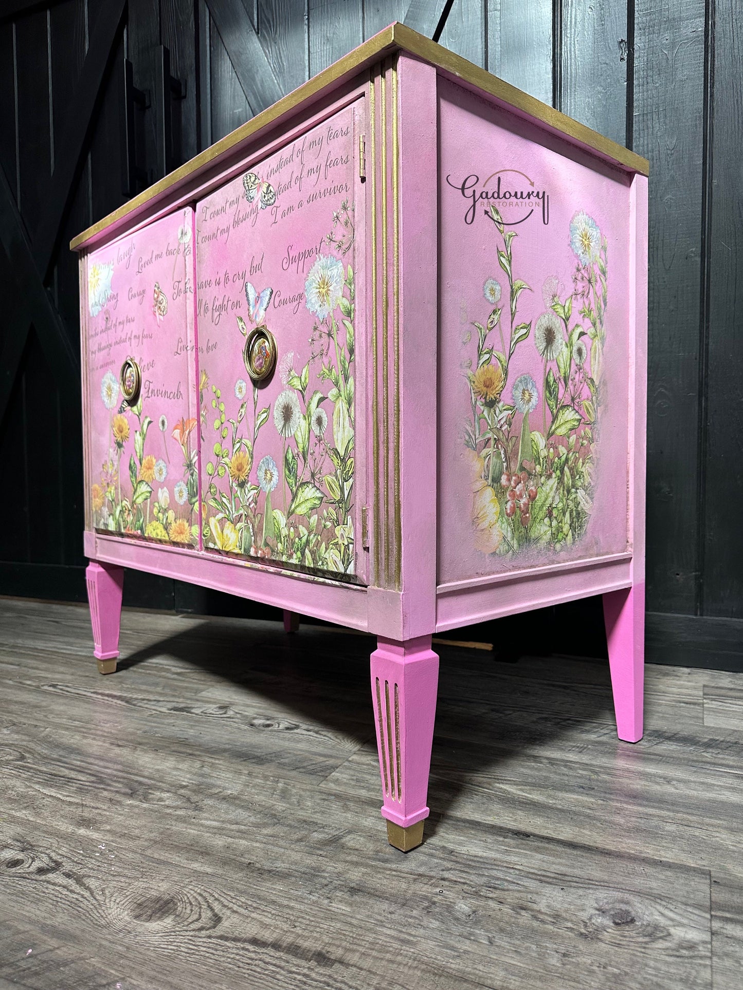 FREE SHIPPING ** Vintage Mid Century Pink Breast Cancer Awareness Butterfly gold large end table Night Stand Side Table Floral