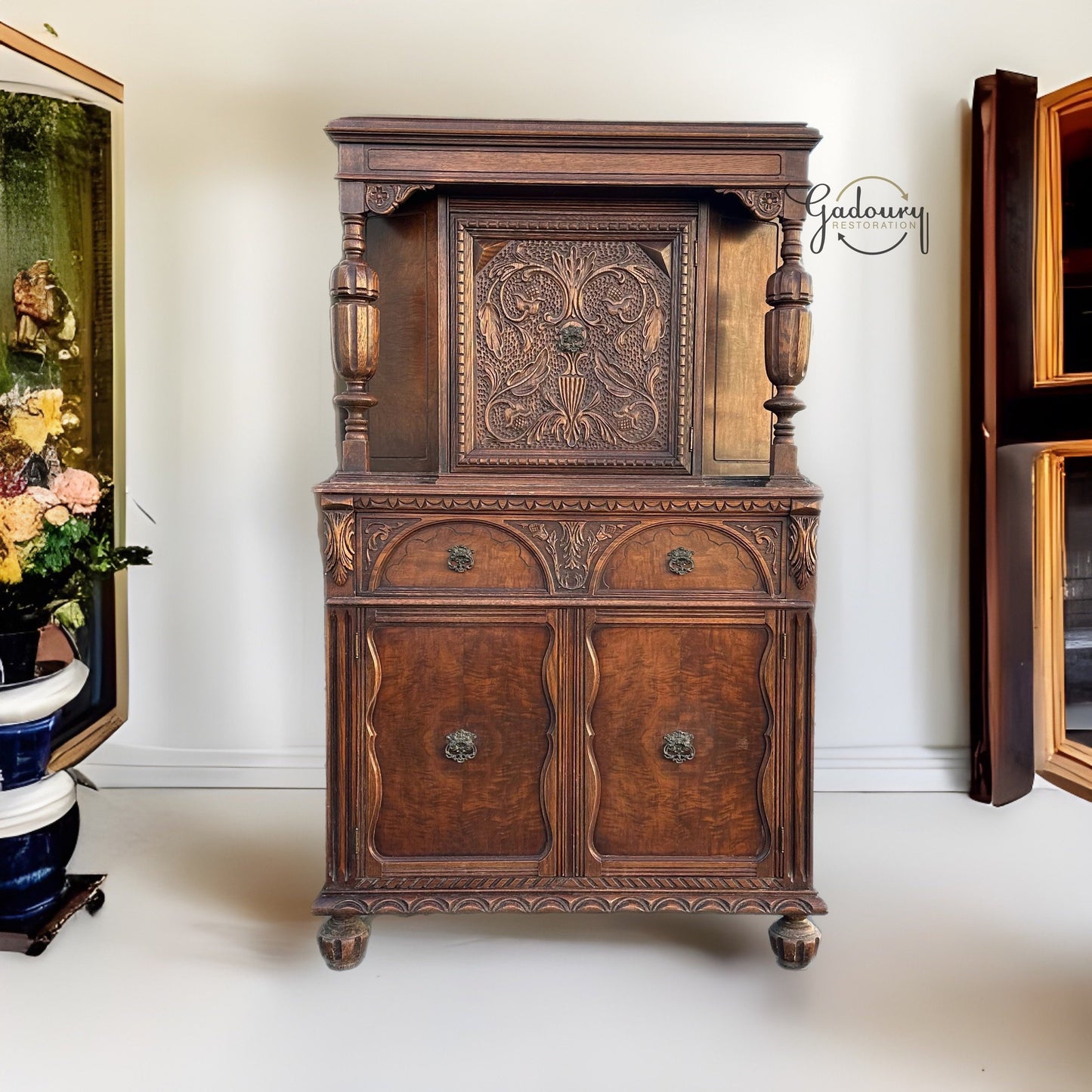 Antique Revival Jacobean Oak Vintage 1920 Gothic Victorian Hutch China Cabinet Thomasville