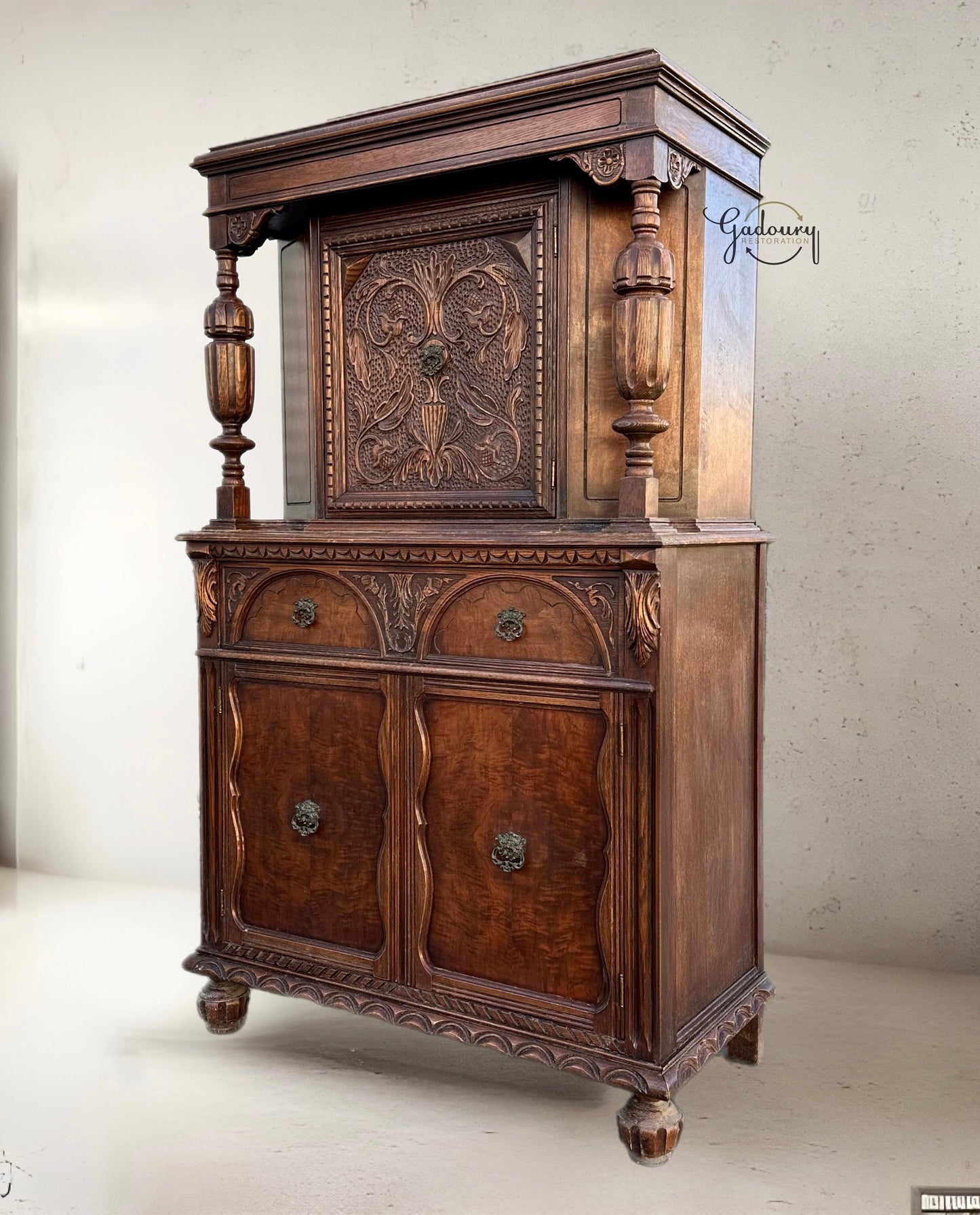 Antique Revival Jacobean Oak Vintage 1920 Gothic Victorian Hutch China Cabinet Thomasville